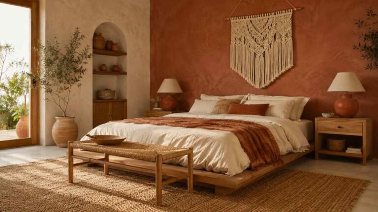 Boho bedroom with terracotta accent wall, rattan bench, and cream linen bedding — a terracotta bedroom idea in morning light.