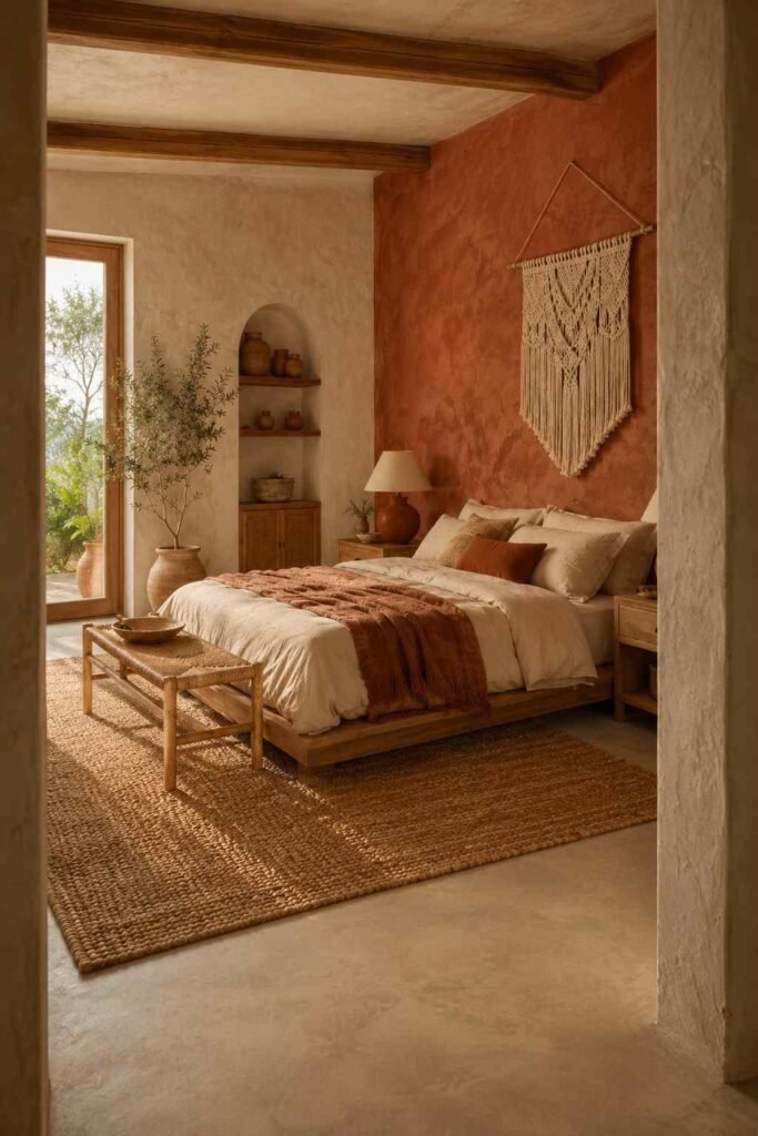 Trendy 20 Terracotta Bedroom Ideas to Create a Warm, Earthy Retreat 5 Bedroom framed through a doorway showing terracotta walls and cream bedding, a warm terracotta bedroom idea.