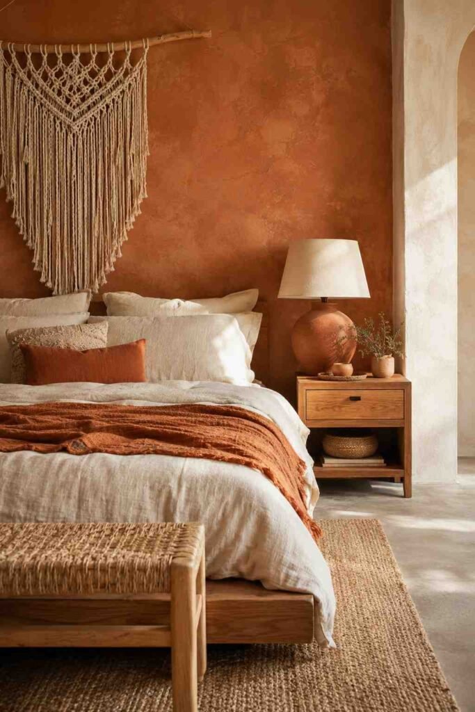 Trendy 20 Terracotta Bedroom Ideas to Create a Warm, Earthy Retreat 4 Bed and nightstand vignette with cream linen bedding and a terracotta lamp — a cozy terracotta bedroom idea.