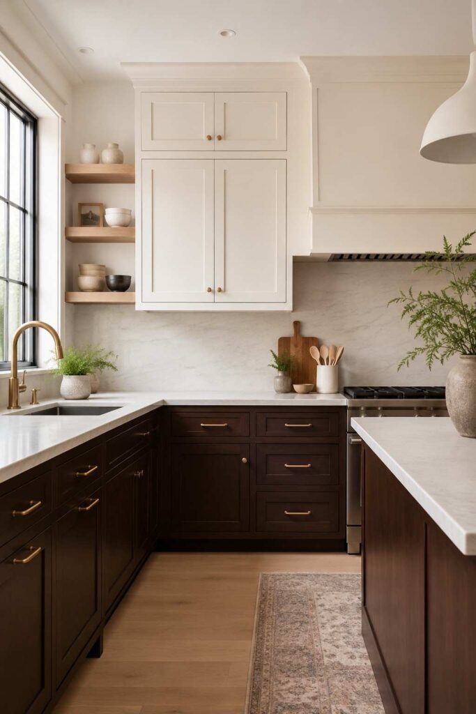 Top 26 Kitchen Color Ideas to Transform Your Space in 2026 8 Two-tone kitchen cabinets with light upper and dark lower cabinetry