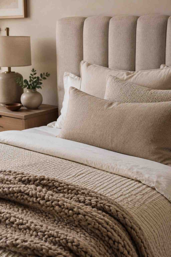 15 Cozy Neutral Bedroom Ideas for a Calm, Restful Retreat 4 Upholstered linen headboard with layered neutral bedding and folded knit throw