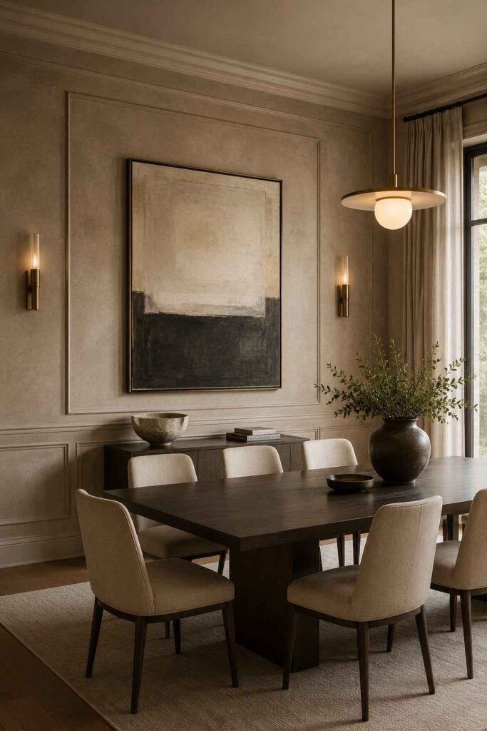 Top 15 Luxury Wall Decor Ideas for a Refined Home 4 Venetian plaster dining room wall with tonal picture-frame molding and contemporary art