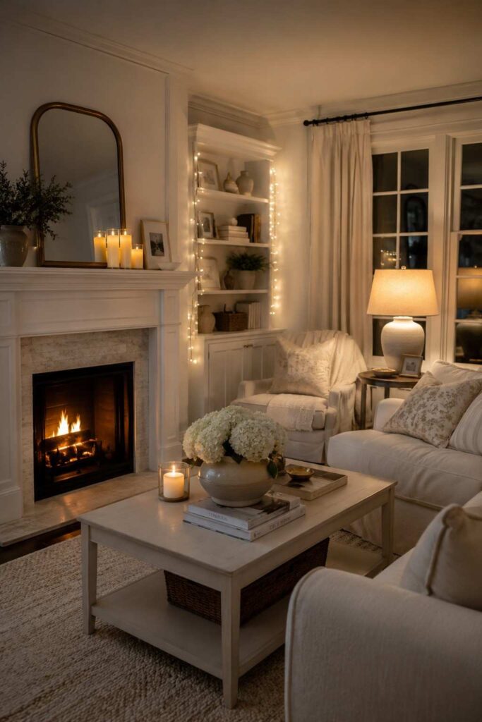 Top 10 Cozy White Winter Home Aesthetic Ideas to Transform Your Home This Season 3 Warm lamp and candle lighting layered in a cozy white winter home