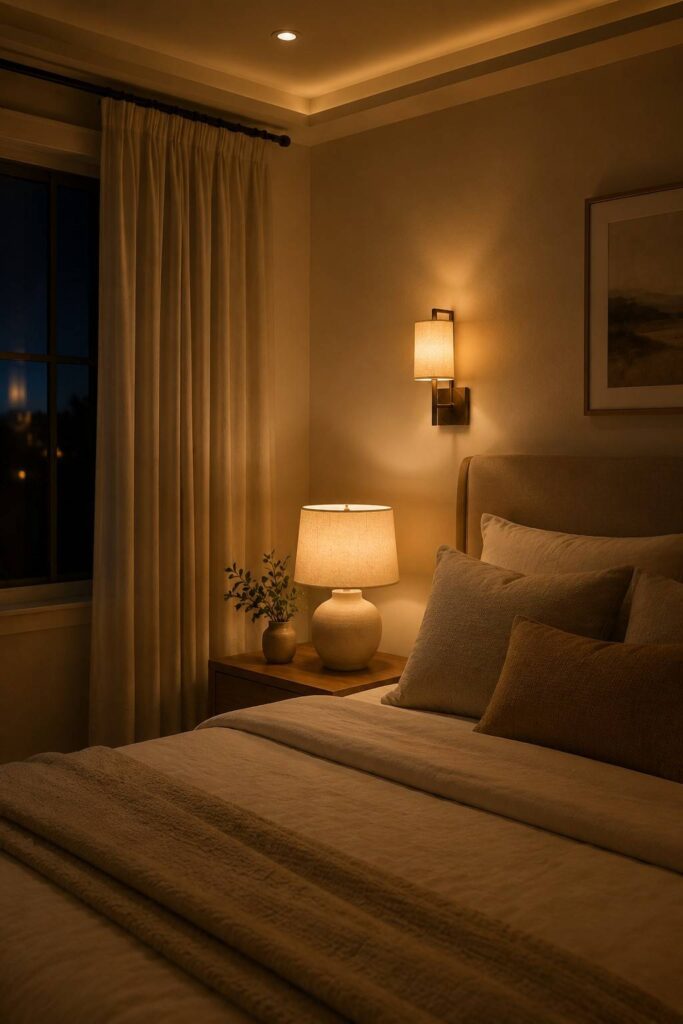 15 Cozy Neutral Bedroom Ideas for a Calm, Restful Retreat 3 Warm layered lighting in a neutral bedroom with lamp, sconce, and dimmed overhead light