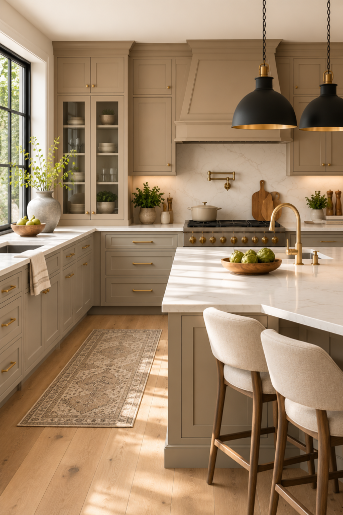 Top 26 Kitchen Color Ideas to Transform Your Space in 2026 3 Warm khaki and greige kitchen cabinets, a timeless kitchen color idea for 2026