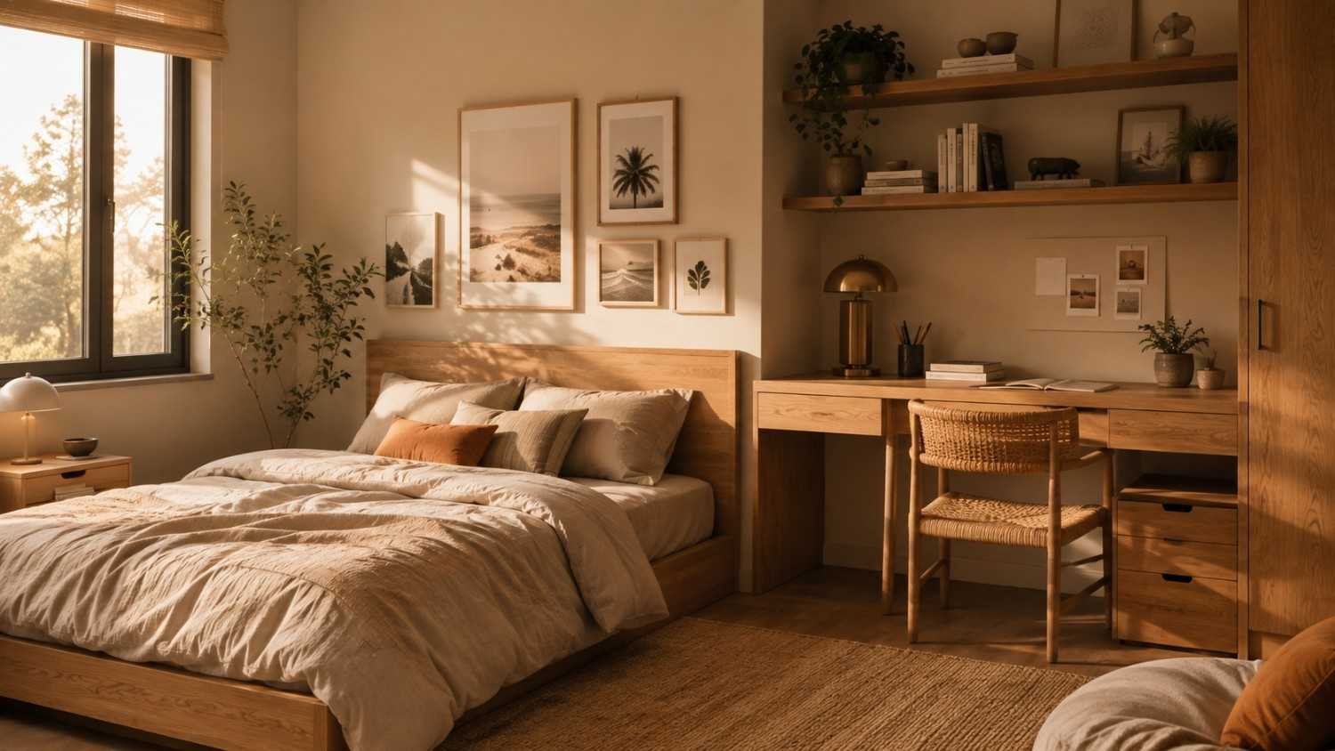 Warm neutral teen bedroom with oak platform bed and built-in desk nook — teen bedroom idea.