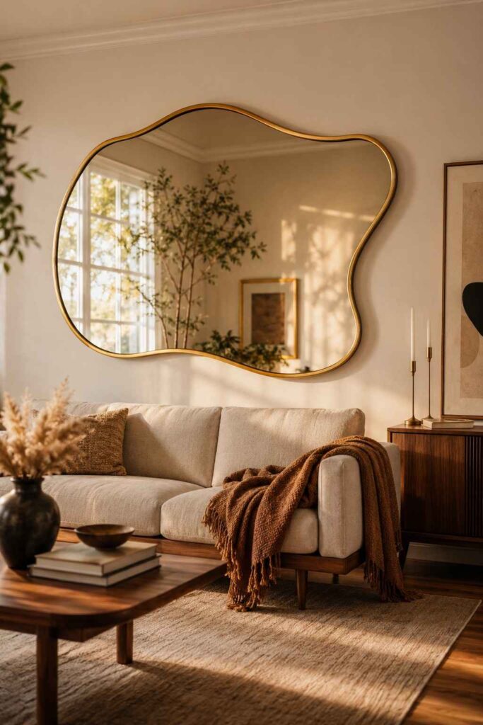Top 15 Luxury Wavy Mirror Decor Ideas to Elevate Every Room in 2026 2 Gold wavy mirror hung above a sofa as a living room statement piece