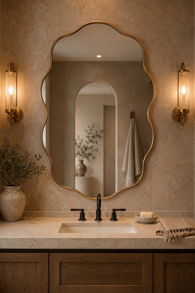 Top 15 Luxury Wavy Mirror Decor Ideas to Elevate Every Room in 2026 5 Scalloped wavy mirror above a bathroom vanity with brass sconce lighting