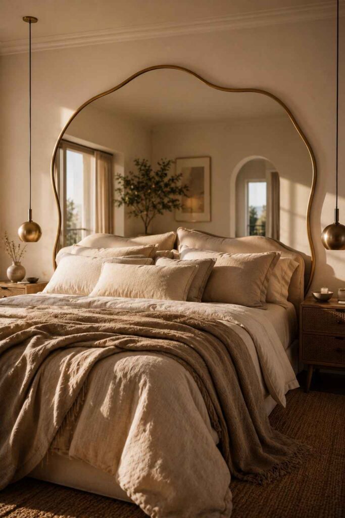 Top 15 Luxury Wavy Mirror Decor Ideas to Elevate Every Room in 2026 4 Oversized wavy mirror used as a headboard in a luxury bedroom