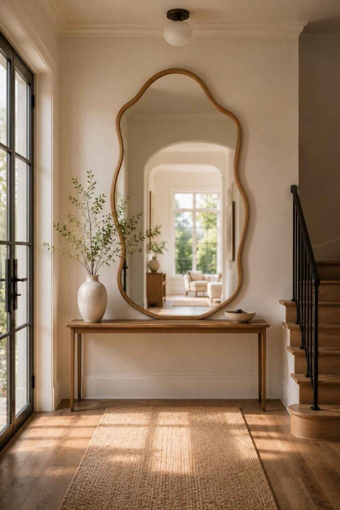 Top 15 Luxury Wavy Mirror Decor Ideas to Elevate Every Room in 2026 6 Oak-framed wavy mirror in an entryway reflecting natural light from a window