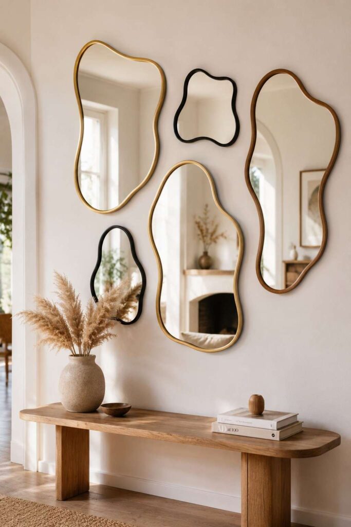 Top 15 Luxury Wavy Mirror Decor Ideas to Elevate Every Room in 2026 3 Gallery wall featuring multiple wavy mirrors in different sizes and frame finishes
