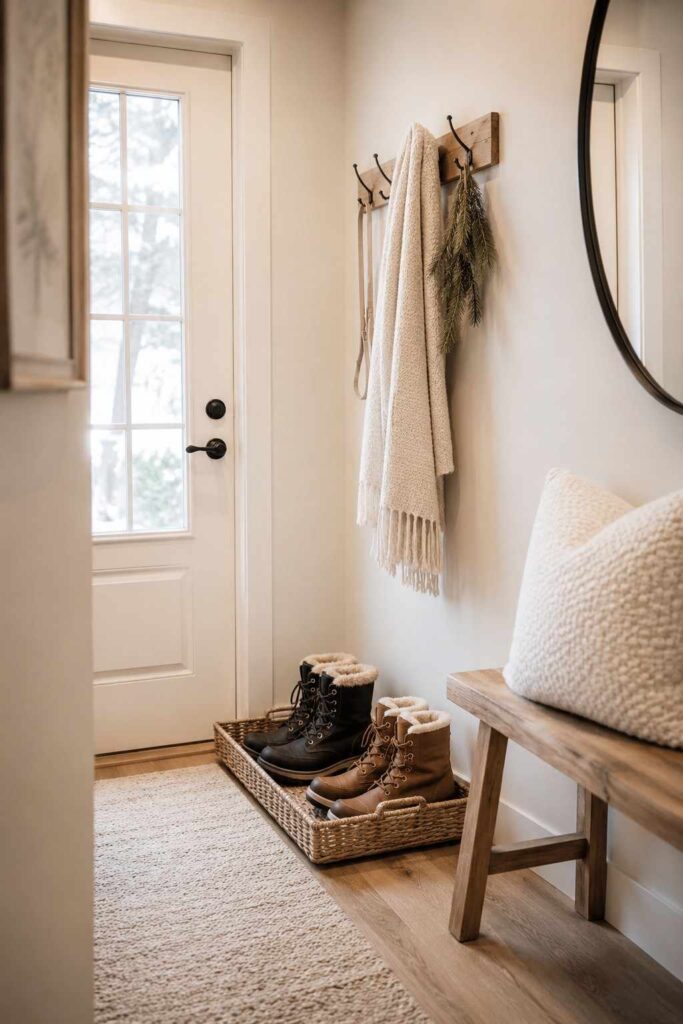 Top 10 Cozy White Winter Home Aesthetic Ideas to Transform Your Home This Season 7 Neutral entryway boot tray for keeping a white winter home clean