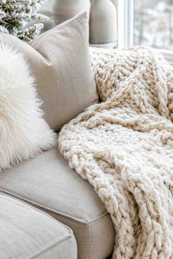 Top 10 Cozy White Winter Home Aesthetic Ideas to Transform Your Home This Season 2 Layered white and ivory textures on a sofa for a cozy white winter home aesthetic