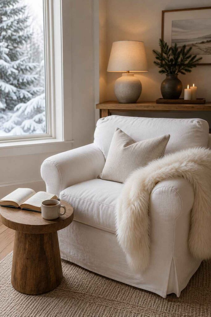 Top 10 Cozy White Winter Home Aesthetic Ideas to Transform Your Home This Season 5 Faux fur throw in a cozy white winter reading nook