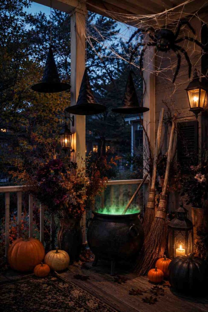Top 20 Spooky Halloween Outdoor Ideas to Transform Your Yard This Fall 5 Halloween witch cauldron and giant spider display decorating an outdoor porch
