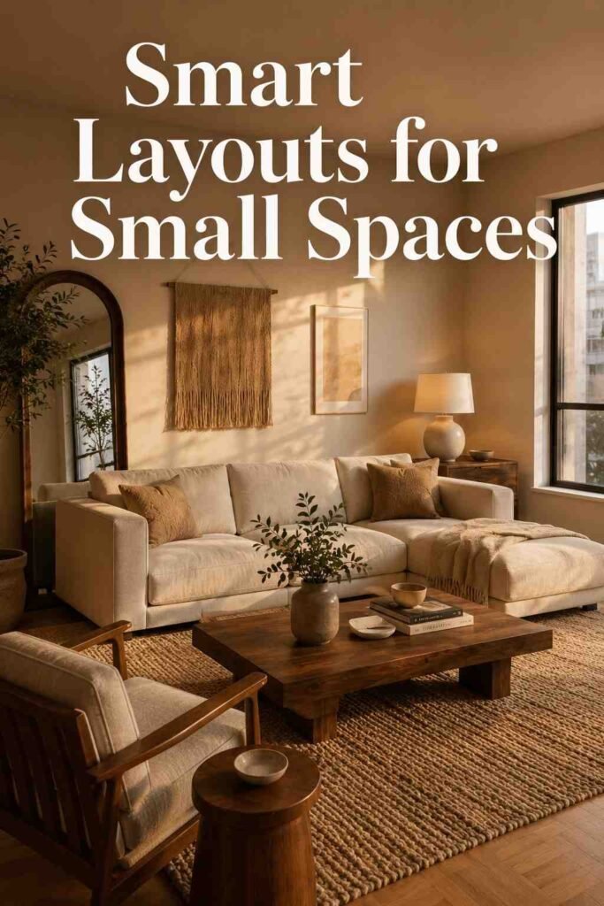 Corner view of walnut and linen apartment living room showing layout — apartment living room ideas for small spaces.
