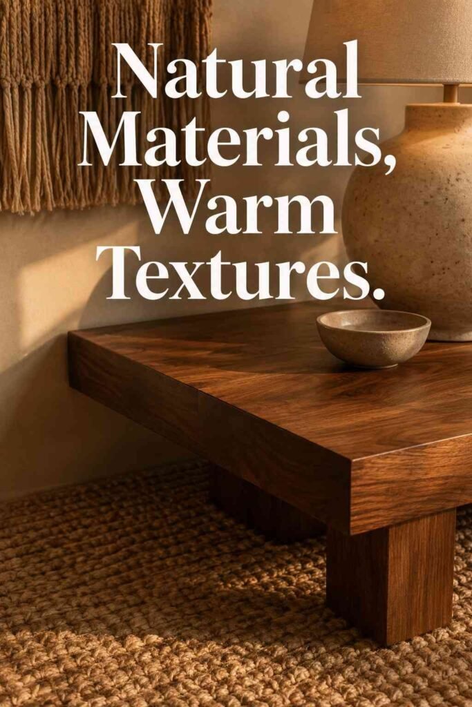 Close-up of walnut coffee table grain and jute rug texture — natural material apartment living room ideas.