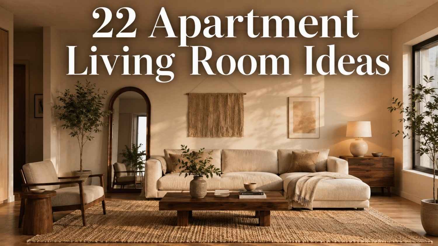 Warm minimalist apartment living room with linen sofa and walnut coffee table — apartment living room ideas.