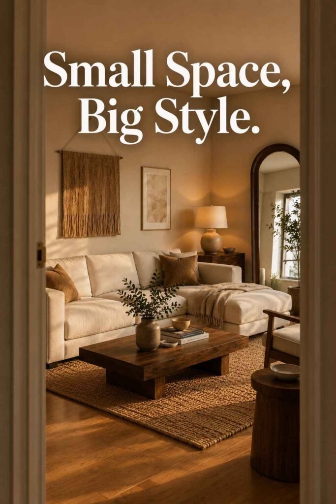 Apartment living room viewed through doorway with walnut and linen decor — small apartment living room ideas.