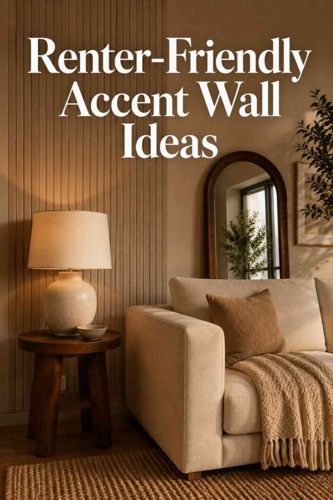 Styled sofa corner with walnut side table and accent wall — apartment living room ideas for renters.