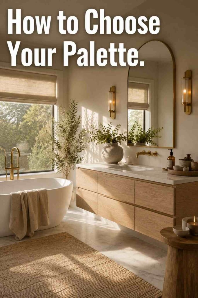 Trendy 23 Bathroom Color Schemes That Instantly Upgrade Any Space in 2026 2 Corner view of warm white bathroom with brass sconces and marble floor, a calming bathroom color scheme.