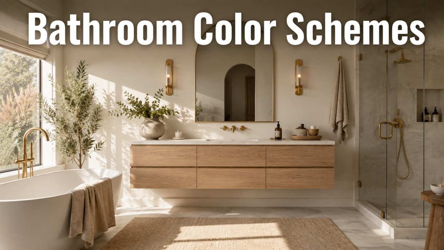 Warm white minimalist bathroom with brushed brass fixtures and oak vanity — a cozy bathroom color scheme idea.