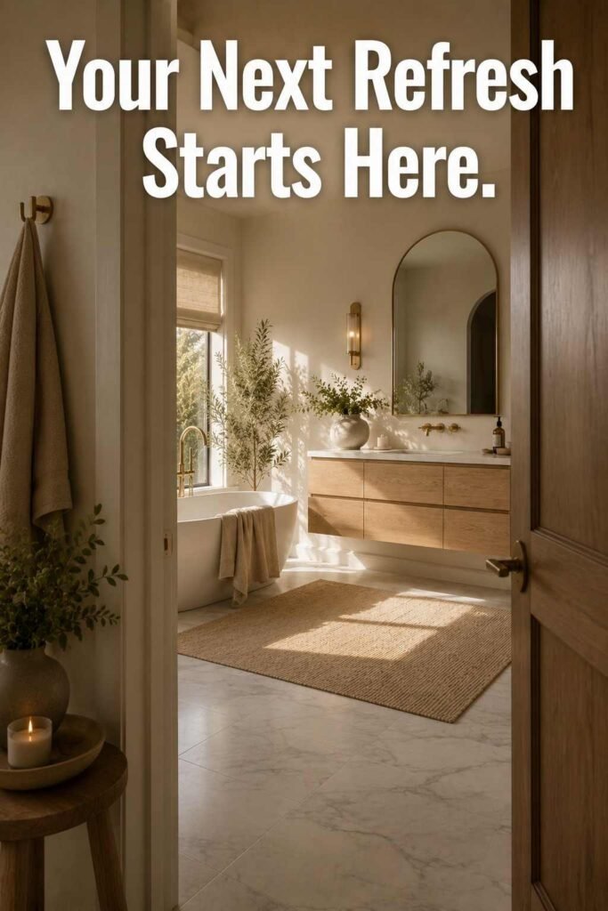 Trendy 23 Bathroom Color Schemes That Instantly Upgrade Any Space in 2026 5 Bathroom framed through doorway showing warm white walls and brass fixtures, a cozy color scheme idea.