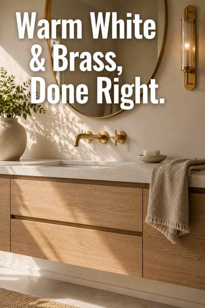 Trendy 23 Bathroom Color Schemes That Instantly Upgrade Any Space in 2026 3 Vanity vignette with brushed brass faucet and linen towel, styled in a warm bathroom color scheme.