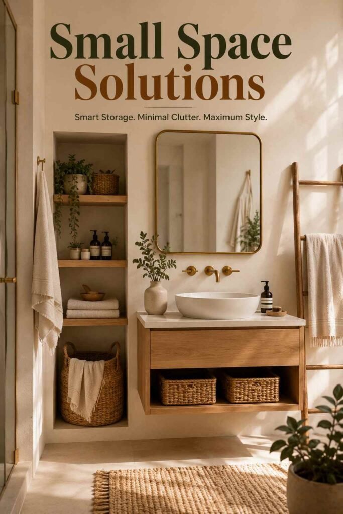 Corner view of brushed brass ladder towel rack beside oak vanity — small bathroom storage idea.