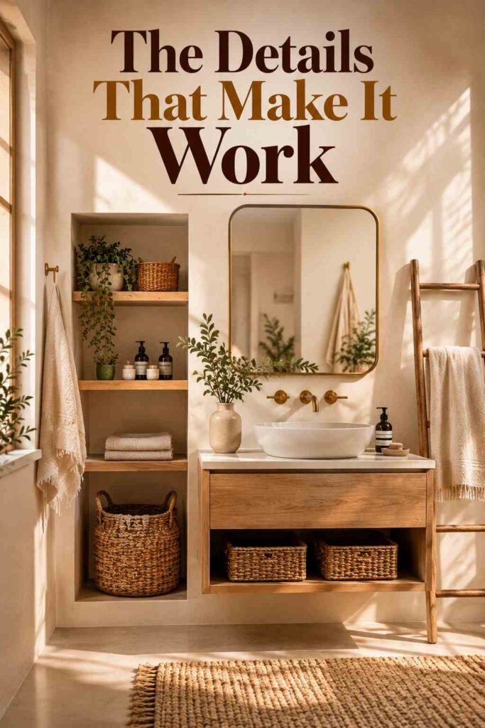 Close-up of brushed brass drawer pull and folded linen towels — bathroom storage idea texture detail.