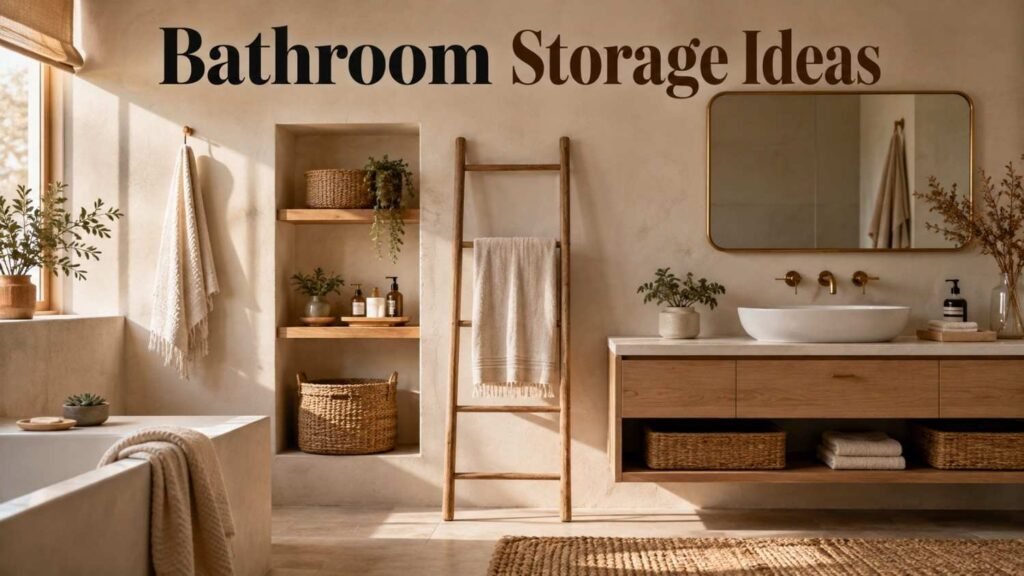 Eye-Catching 22 Bathroom Storage Ideas to Maximize Every Inch of Space in 2026 6 Warm minimalist bathroom with brushed brass mirror, oak vanity, and woven baskets — bathroom storage idea.