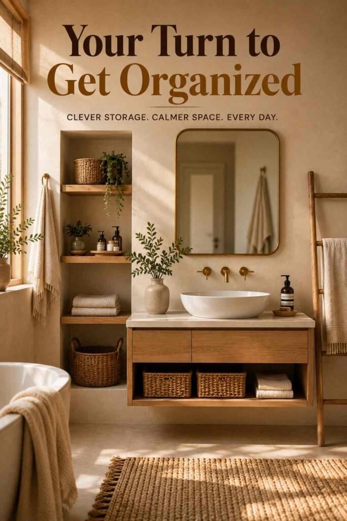 Bathroom framed through the doorway showing full vanity and niche storage — bathroom storage idea overview.
