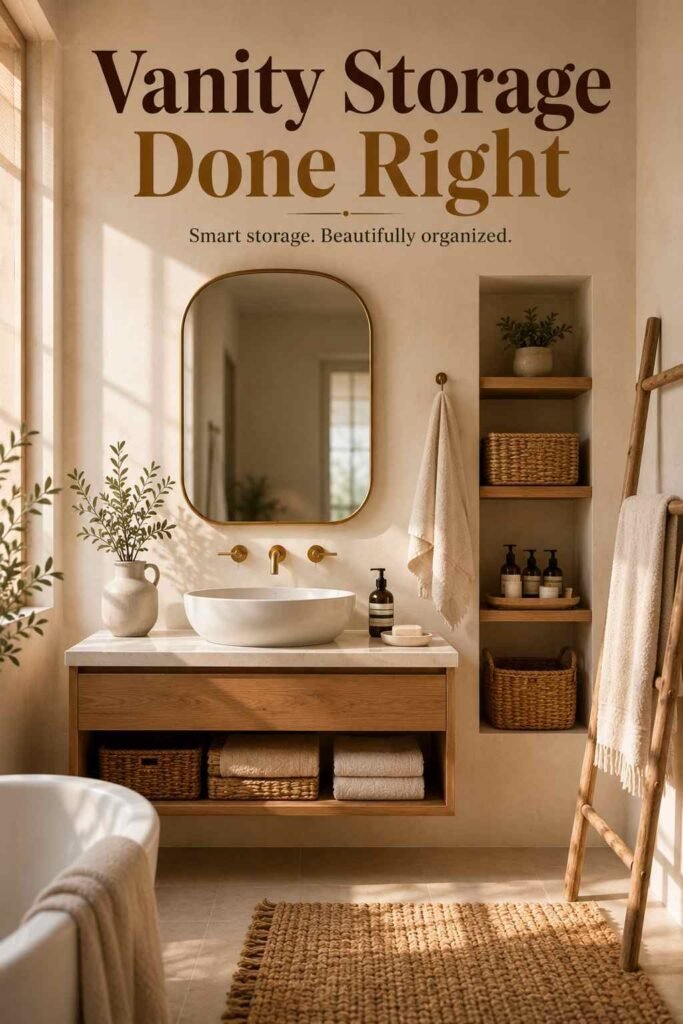 Styled vanity vignette with apothecary jars and woven basket — bathroom storage idea for countertops.