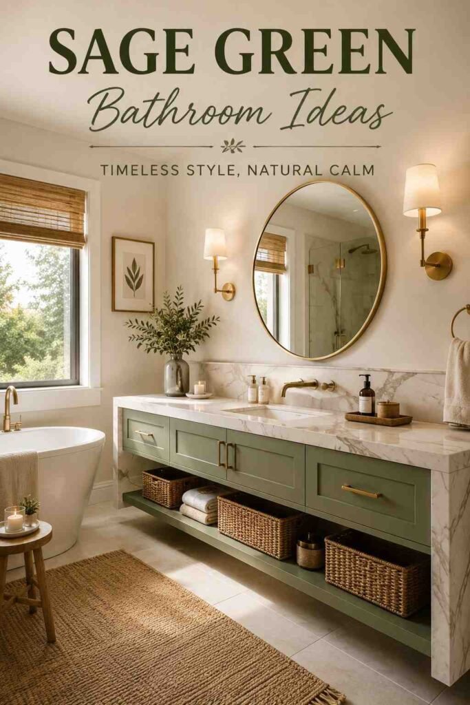 Corner view of a sage green Shaker vanity with brass sconces, a cozy bathroom vanity idea.