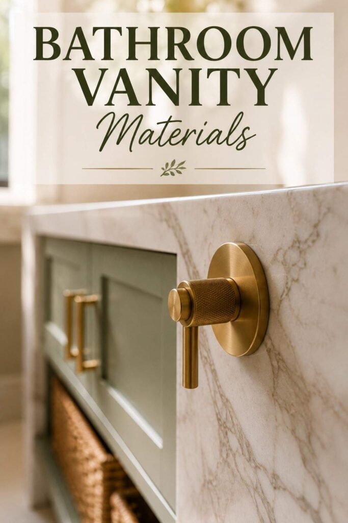 Close-up of brushed brass faucet and marble veining on a sage green bathroom vanity.