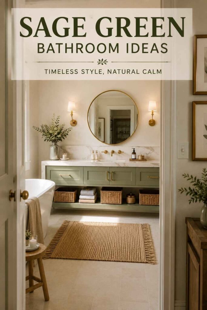 View through the doorway of a sage green floating vanity, a bathroom vanity idea for small spaces.