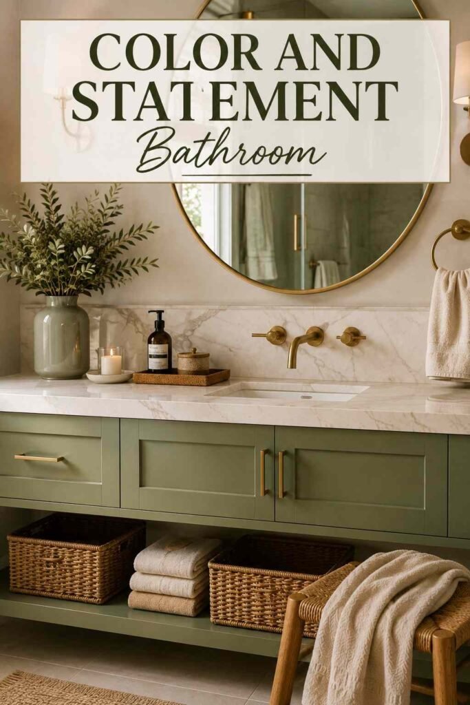 Styled sage green vanity sink with brass faucet and woven basket, a small bathroom vanity idea.