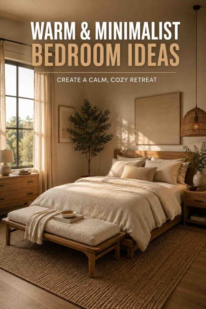Trendy 17 Bedroom Bench Ideas to Transform Your Space in 2026 2 Oak bench and rattan pendant light styled in a warm minimalist bedroom corner nook.