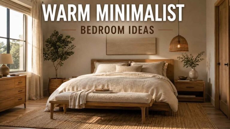 Warm minimalist bedroom with oak-frame bench, linen bedding, and jute rug, a cozy bedroom bench idea.
