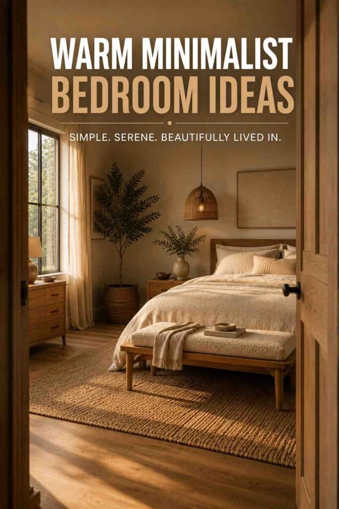 Trendy 17 Bedroom Bench Ideas to Transform Your Space in 2026 5 Bedroom bench framed through a doorway in a warm neutral and oak toned bedroom.