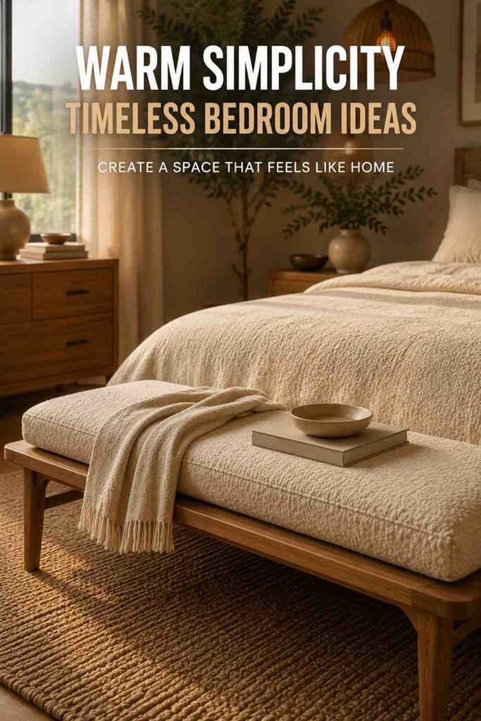 Trendy 17 Bedroom Bench Ideas to Transform Your Space in 2026 4 Upholstered oak bench dressed with a throw at the foot of a linen bed, a classic bedroom bench idea.