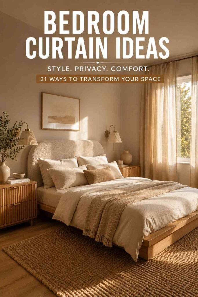 Corner view of a warm neutral bedroom with linen curtains and oak furniture inspired by bedroom curtain ideas.