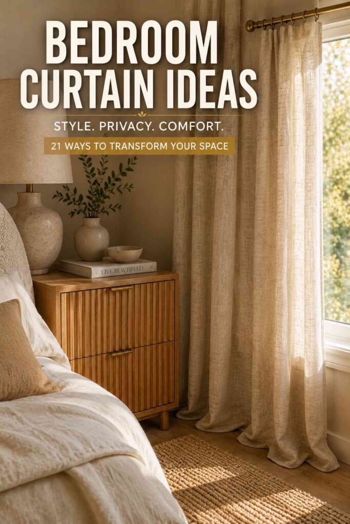 Close-up of linen curtain fabric, brass hardware, and oak furniture demonstrating bedroom curtain ideas.