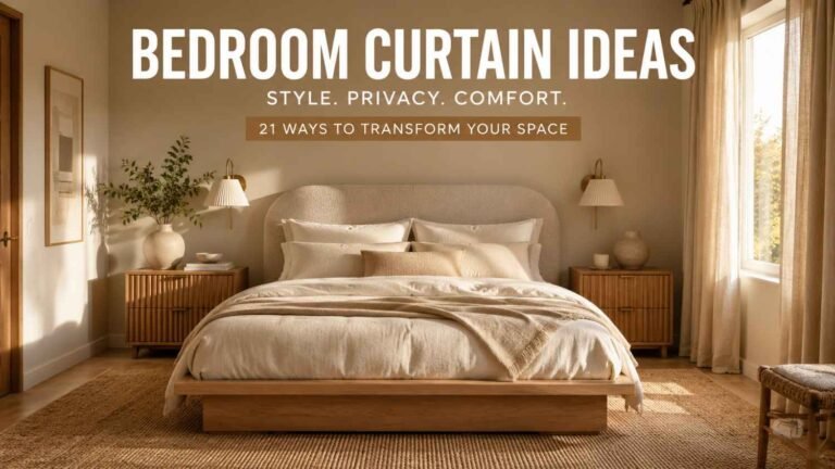 Warm neutral bedroom with oak furniture, linen curtains, and morning light showcasing stylish bedroom curtain ideas.