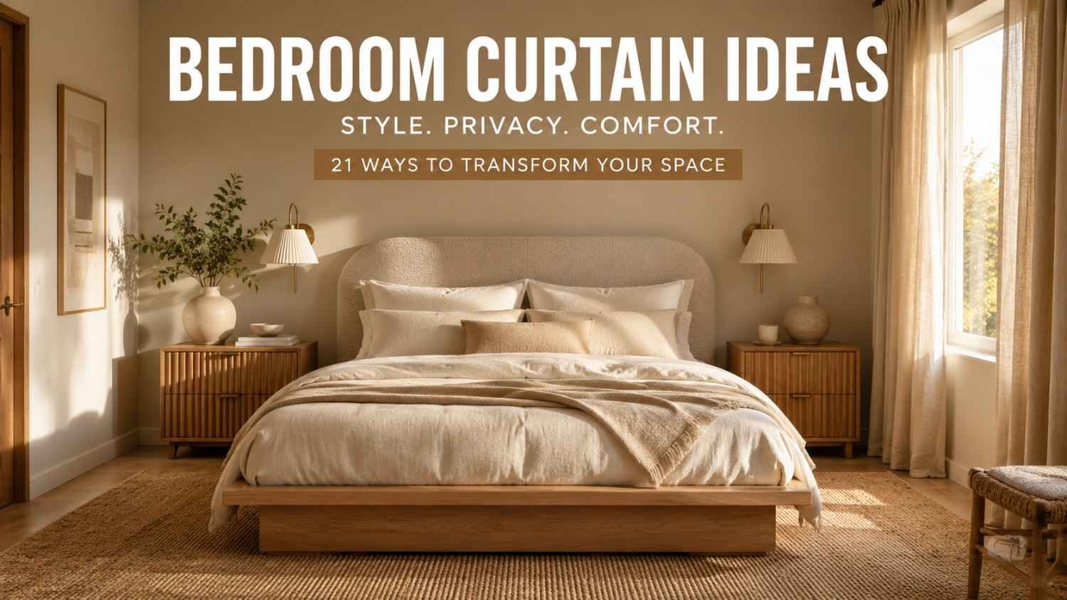 Warm neutral bedroom with oak furniture, linen curtains, and morning light showcasing stylish bedroom curtain ideas.