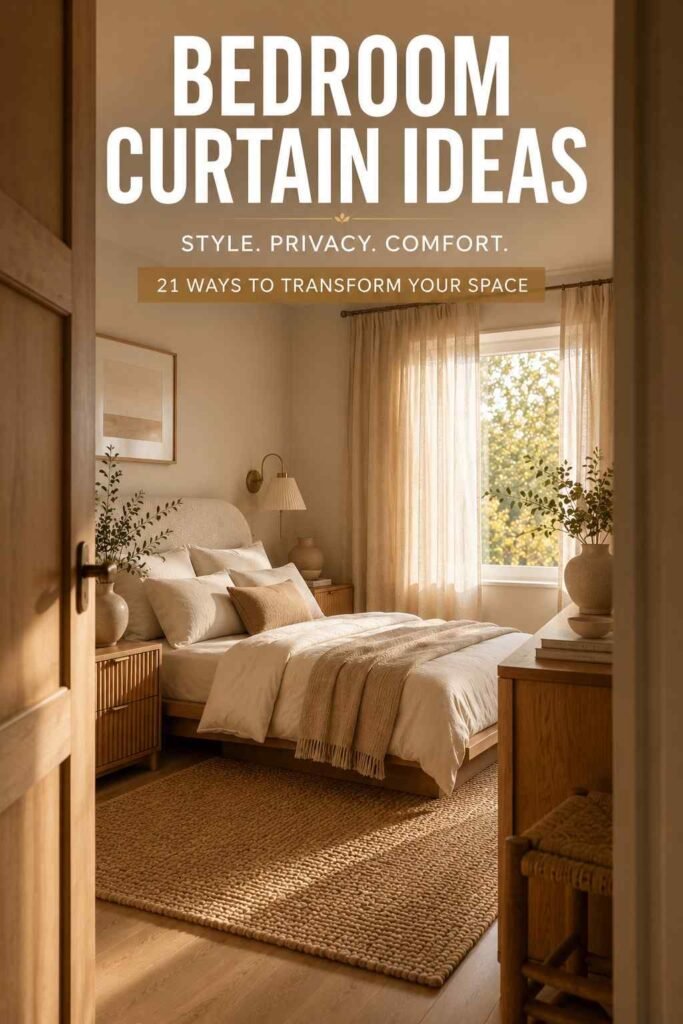 Wide bedroom viewed through a doorway with linen curtains and warm oak finishes inspired by bedroom curtain ideas.