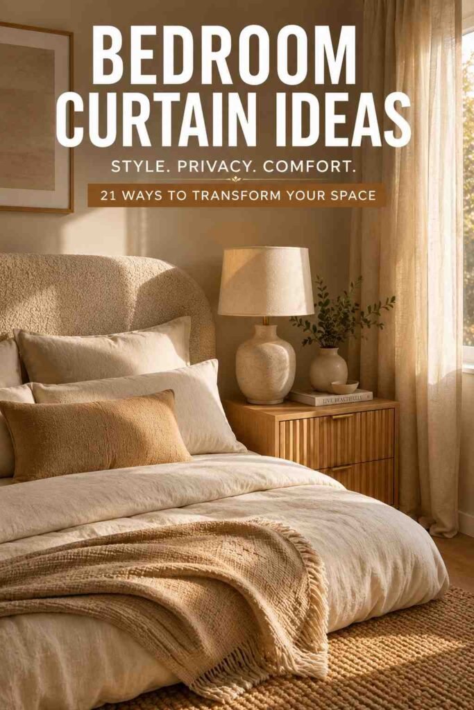 Oak nightstand beside linen curtains and textured bedding in a warm minimalist bedroom with bedroom curtain ideas.