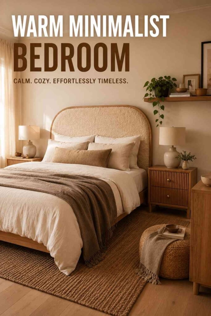 Corner view of a warm neutral bedroom with an oak headboard and floating shelf — a layered bedroom headboard idea.