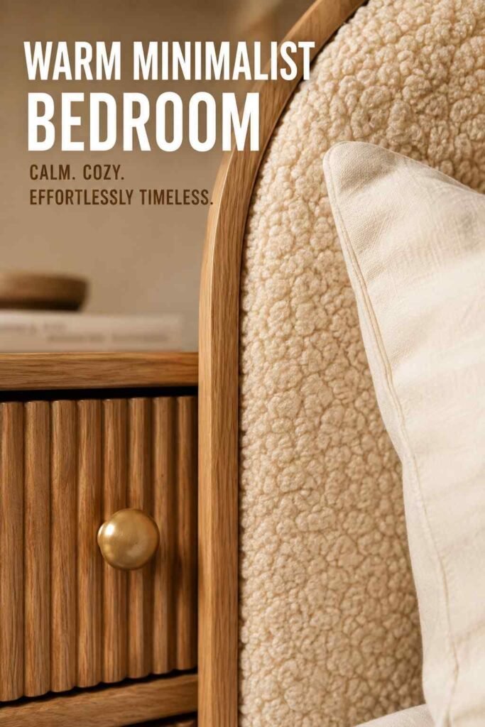 Close-up of bouclé headboard texture and brass nightstand hardware — a textural bedroom headboard idea