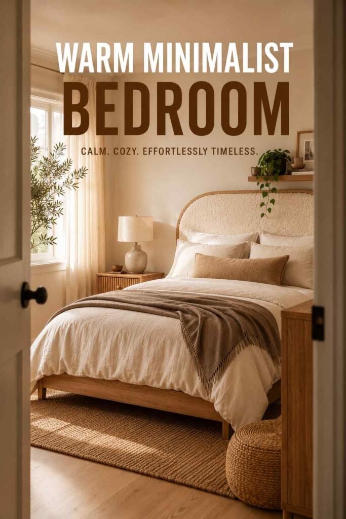 Bedroom viewed through the doorway showing an oak headboard and jute rug — a cozy bedroom headboard idea.